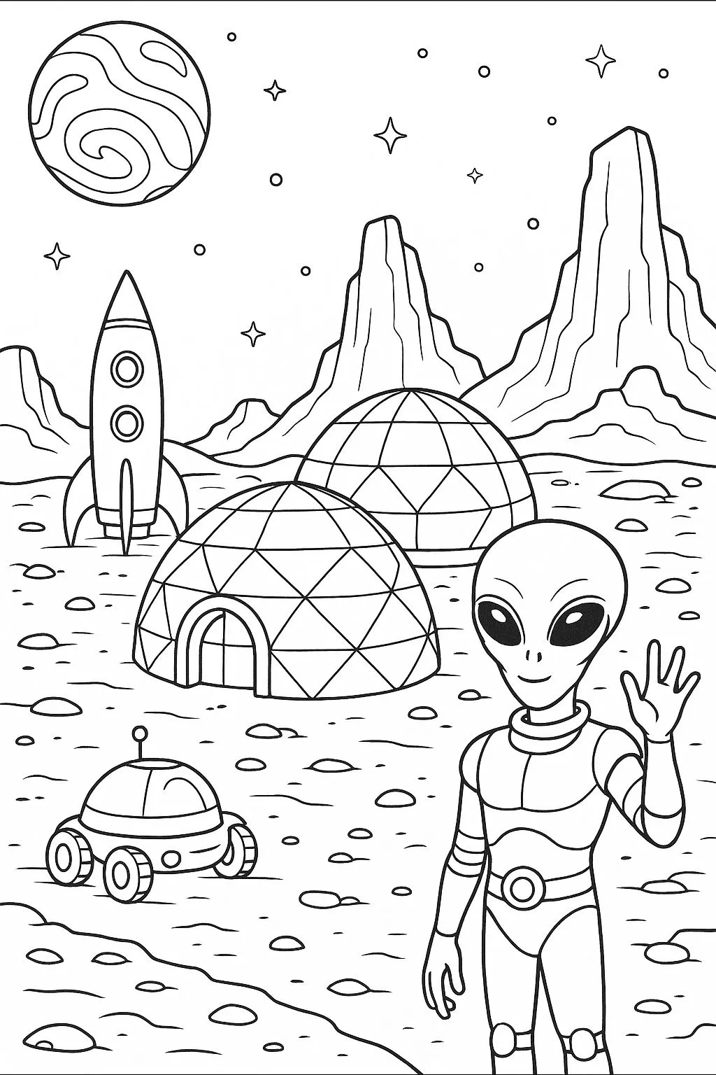 Haz clic para descargar dibujo de Alien en Base Lunar con Cohete para colorear e imprimir gratis Alien en Base Lunar con Cohete para colorear HD fácil y bonito - Descarga e imprime gratis - Dibujo exclusivo de Dibujos