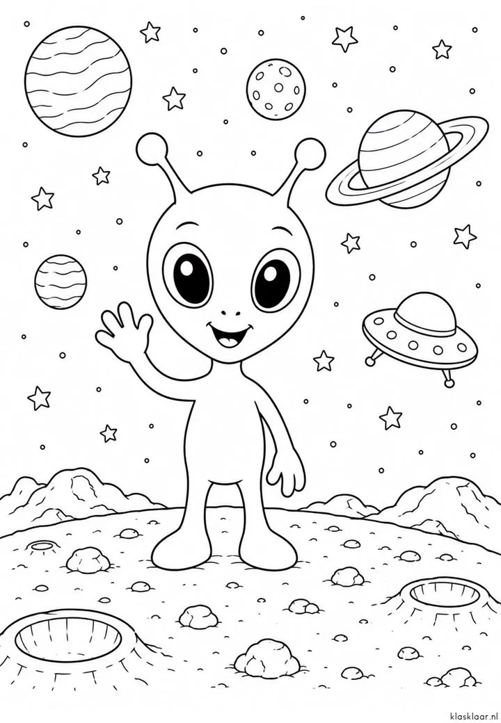 Haz clic para descargar dibujo de Alien Saludando con OVNI y Planetas para colorear e imprimir gratis Alien Saludando con OVNI y Planetas para colorear HD fácil y bonito - Descarga e imprime gratis - Dibujo exclusivo de Dibujos