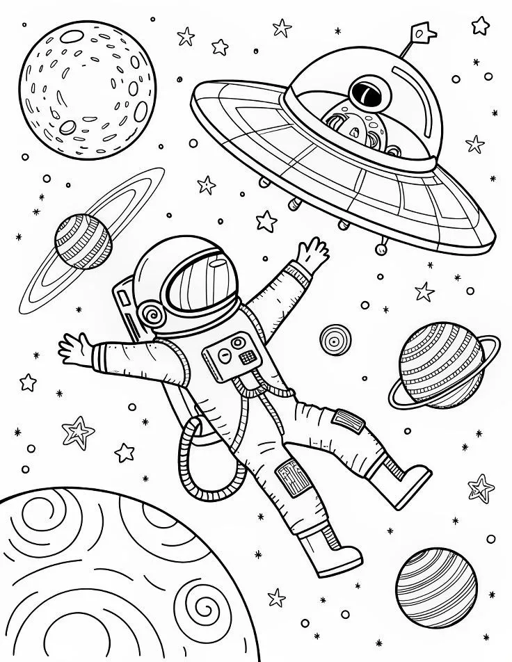 Haz clic para descargar dibujo de Astronauta con OVNI y Planetas para colorear e imprimir gratis Astronauta con OVNI y Planetas para colorear HD fácil y bonito - Descarga e imprime gratis - Dibujo exclusivo de Dibujos