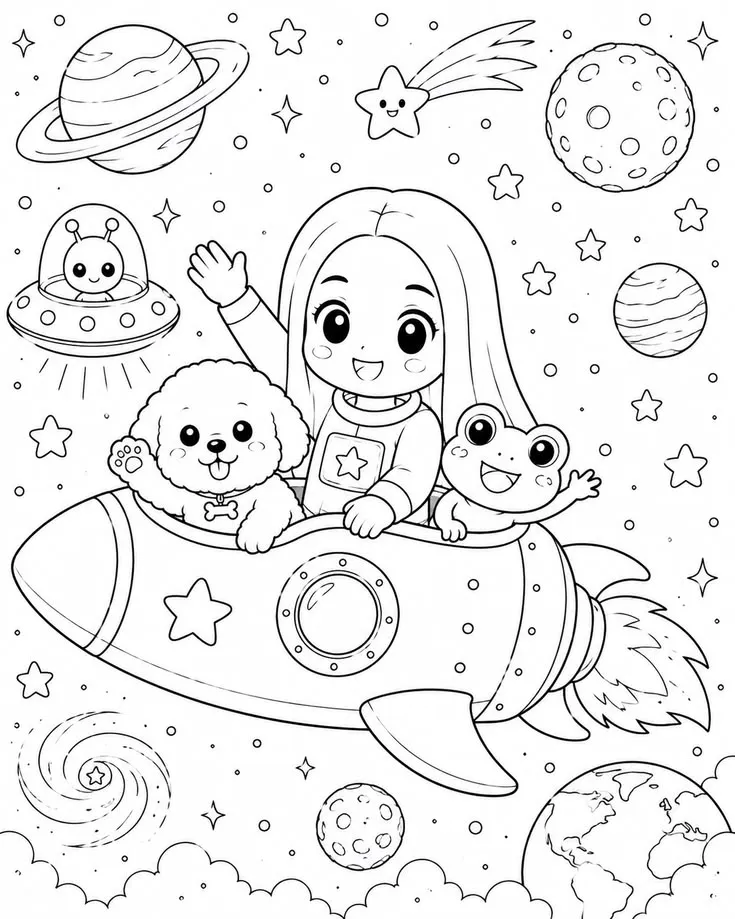 Haz clic para descargar dibujo de Niña en Cohete con Mascotas Kawaii para colorear e imprimir gratis Niña en Cohete con Mascotas Kawaii para colorear HD fácil y bonito - Descarga e imprime gratis - Dibujo exclusivo de Dibujos