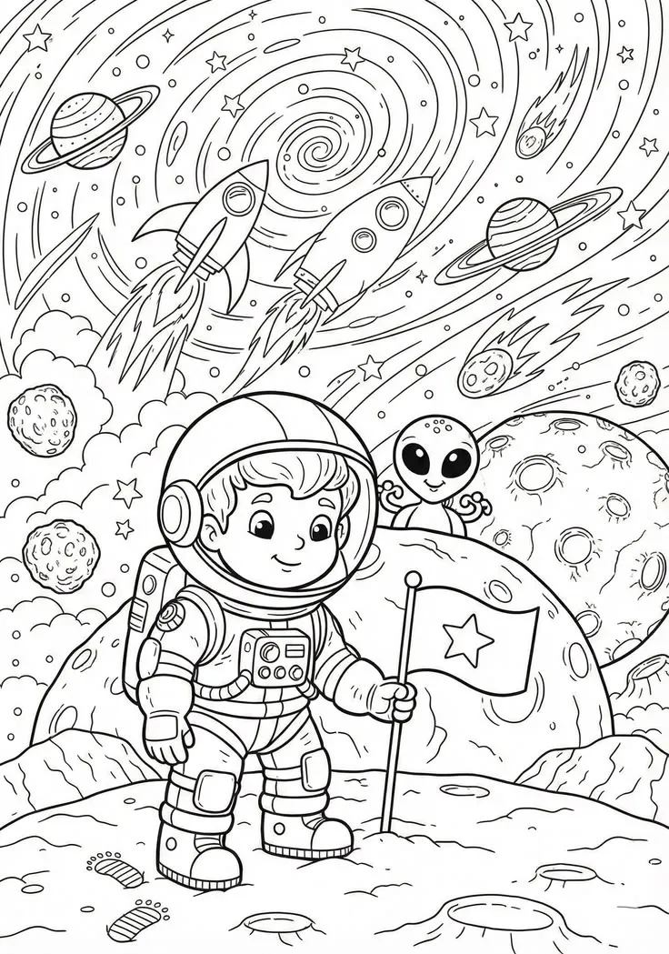 Haz clic para descargar dibujo de Niño Astronauta con Bandera en la Luna para colorear e imprimir gratis Niño Astronauta con Bandera en la Luna para colorear HD fácil y bonito - Descarga e imprime gratis - Dibujo exclusivo de Dibujos