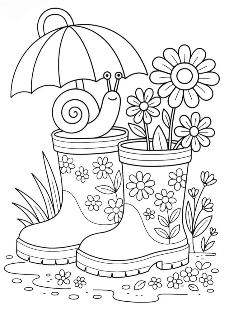 Botas con Flores, Caracol y Paraguas para colorear e imprimir Dibujo de Botas con Flores, Caracol y Paraguas para colorear