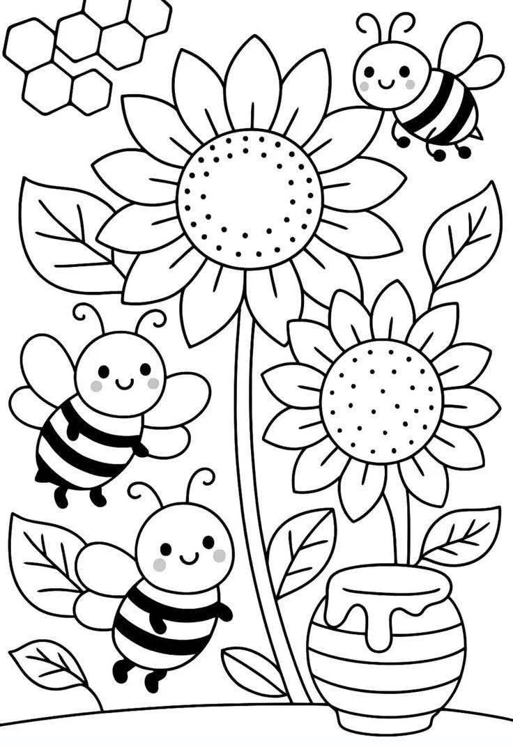 Girasoles con Abejas y Miel para colorear e imprimir Dibujo de Girasoles con Abejas y Miel de Flores para colorear
