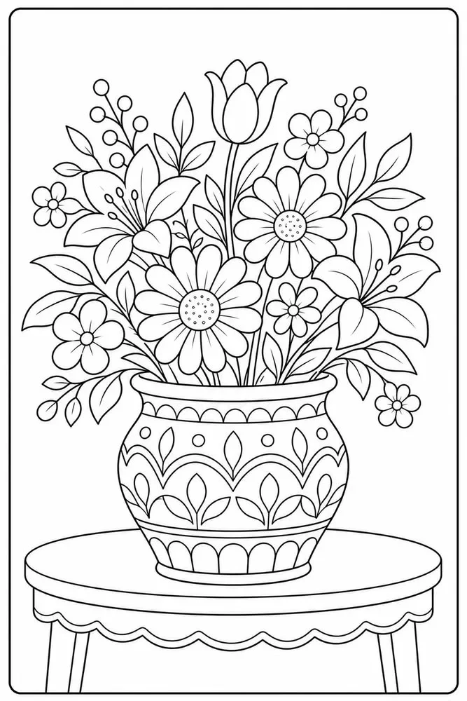 Jarrón Decorado sobre la Mesa para colorear e imprimir Dibujo de Jarrón Decorado sobre la Mesa de Flores para colorear