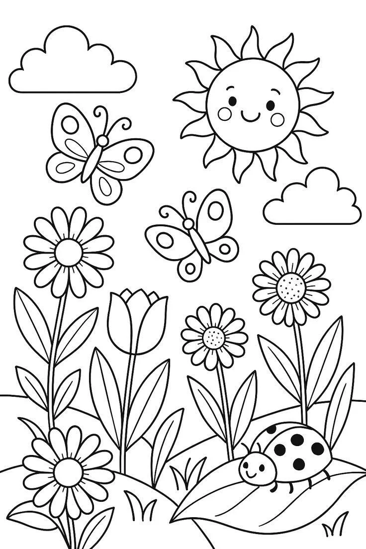 Prado de Flores con Sol y Mariquita para colorear e imprimir Dibujo de Prado de Flores con Sol y Mariquita para colorear