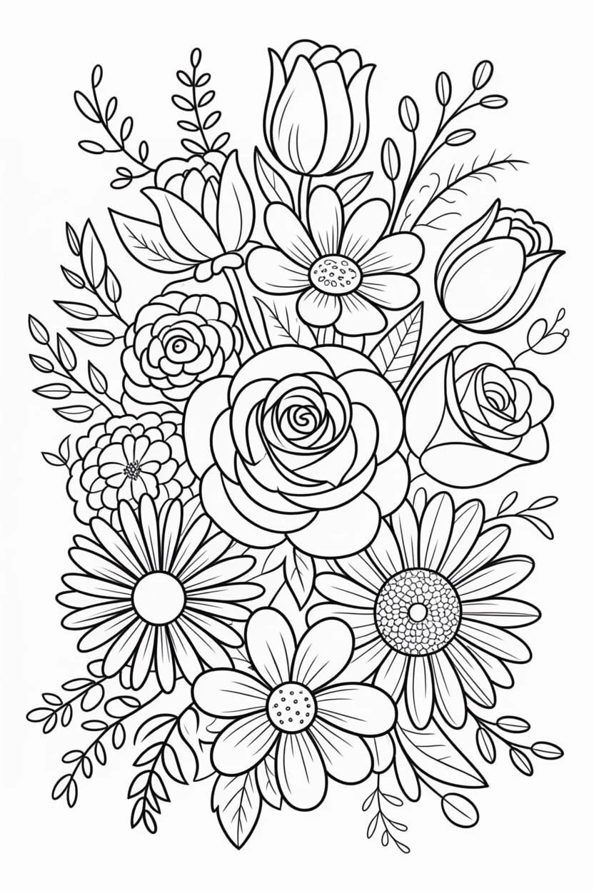Ramo de Rosas, Tulipanes y Margaritas para colorear e imprimir Dibujo de Ramo de Rosas, Tulipanes y Margaritas de Flores para colorear