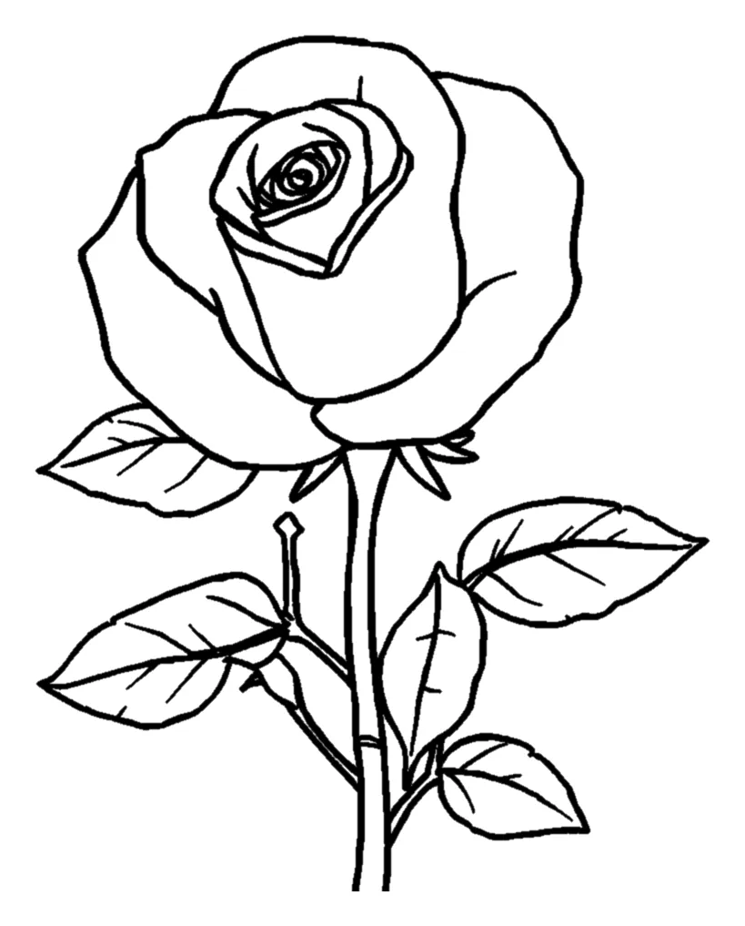 Rosa Grande Abierta con Tallo y Hojas para colorear e imprimir Rosa Grande Abierta con Tallo y Hojas para colorear - Flores: una sola rosa grande, vista de frente, ocupa la parte de arriba