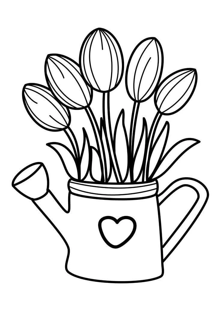 Tulipanes en la Regadera para colorear e imprimir Dibujo de Tulipanes en la Regadera de Flores para colorear