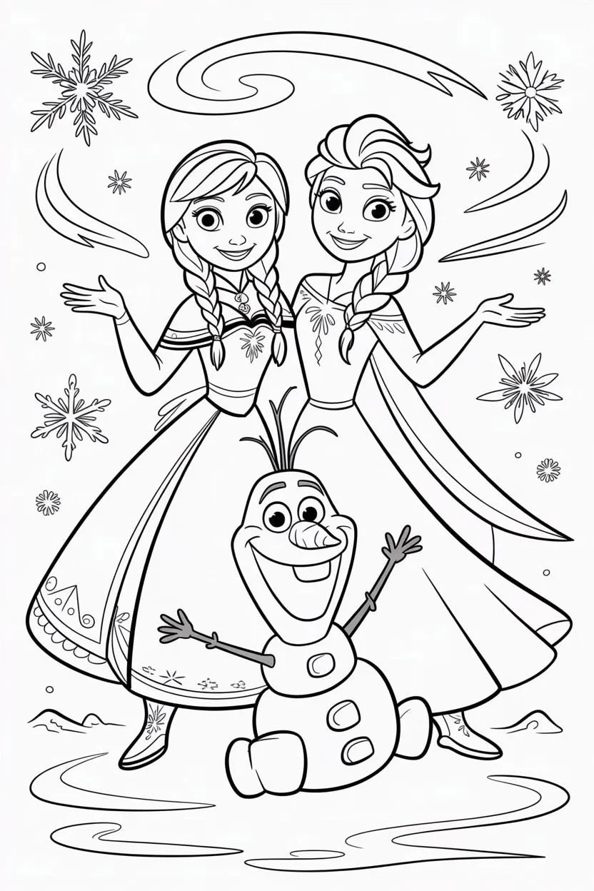 Ver dibujo completo de Anna Elsa y Olaf con Copos de Nieve para colorear Anna Elsa y Olaf con Copos de Nieve para colorear - Dibujo de Frozen para imprimir gratis