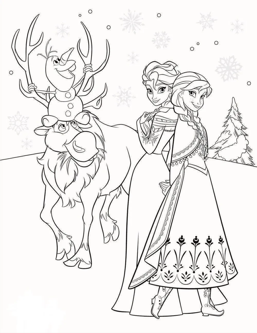Ver dibujo completo de Anna Elsa Sven y Olaf en la Nieve para colorear Anna Elsa Sven y Olaf en la Nieve para colorear - Dibujo de Frozen para imprimir gratis