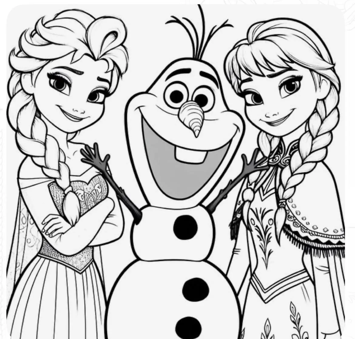 Ver dibujo completo de Elsa Olaf y Anna en Primer Plano para colorear Elsa Olaf y Anna en Primer Plano para colorear - Dibujo de Frozen para imprimir gratis
