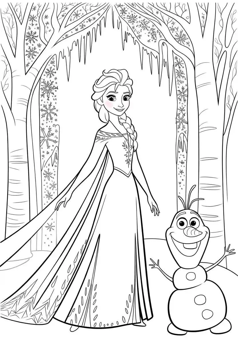 Ver dibujo completo de Elsa y Olaf en Bosque Helado para colorear Elsa y Olaf en Bosque Helado para colorear - Dibujo de Frozen para imprimir gratis