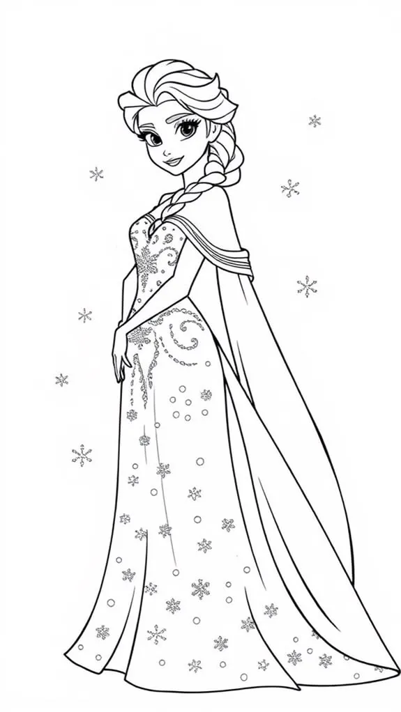 Ver dibujo completo de Elsa Vestido Elegante con Copos para colorear Elsa Vestido Elegante con Copos para colorear - Dibujo de Frozen para imprimir gratis