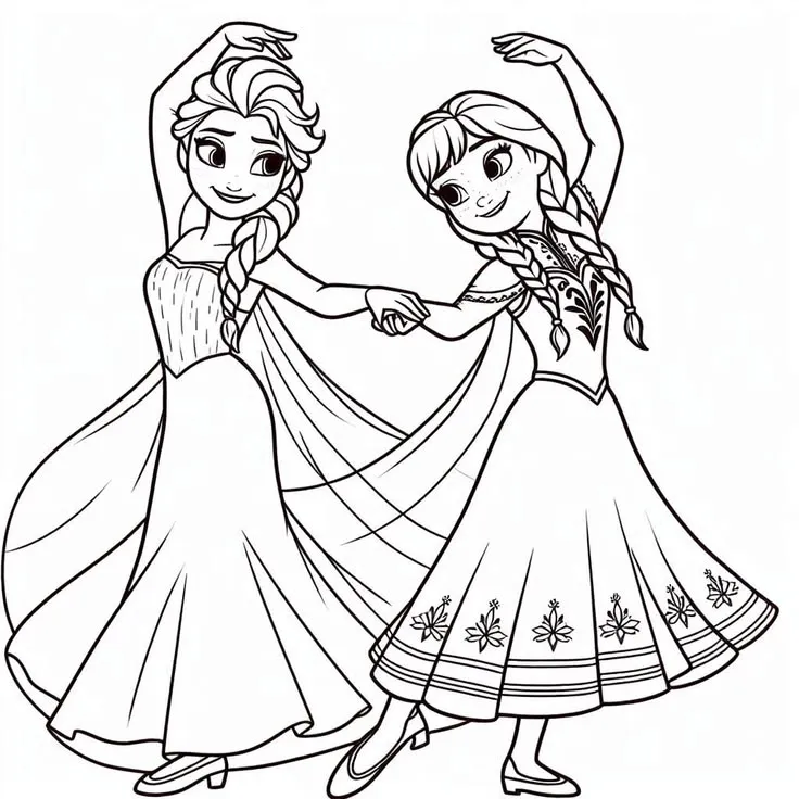 Ver dibujo completo de Elsa y Anna Bailando de la Mano para colorear Dibujo de Elsa y Anna Bailando de la Mano para colorear e imprimir gratis - Plantilla en alta calidad