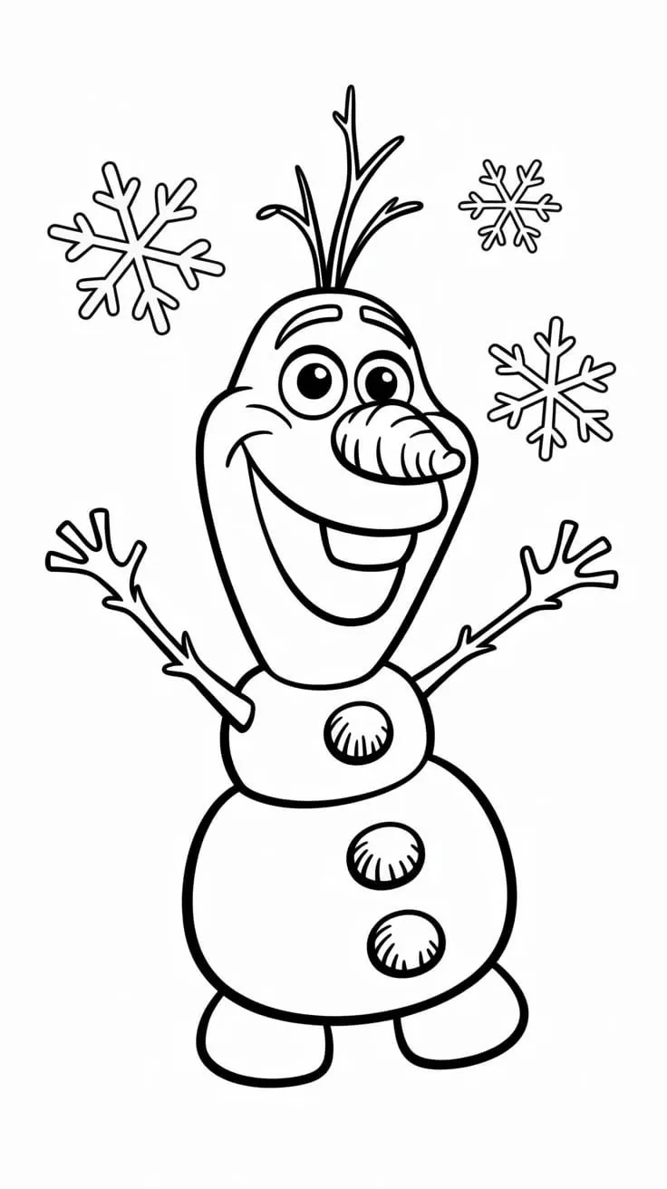 Ver dibujo completo de Olaf Feliz con Copos de Nieve para colorear Dibujo de Olaf Feliz con Copos de Nieve para colorear e imprimir gratis - Plantilla en alta calidad