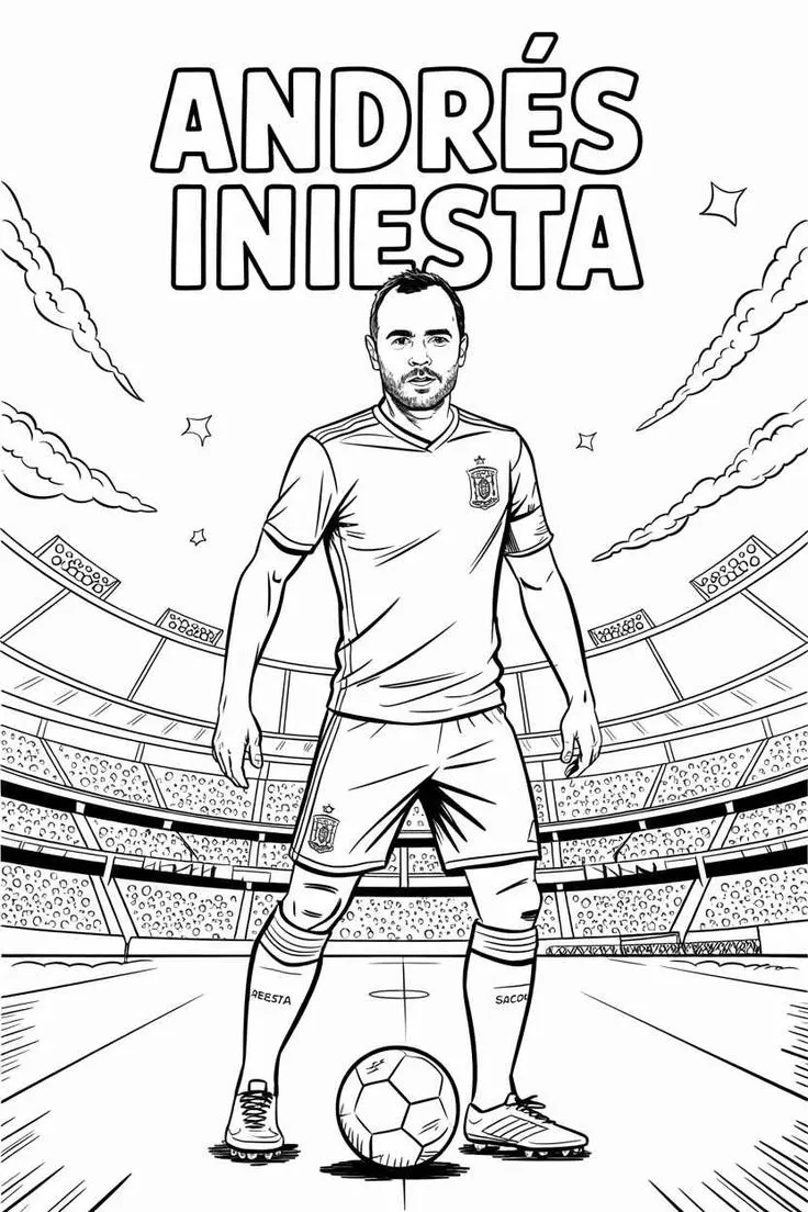 Andrés Iniesta España en Estadio con Balón para colorear HD fácil y bonito - Descarga e imprime gratis - Dibujo exclusivo de Futbolistas