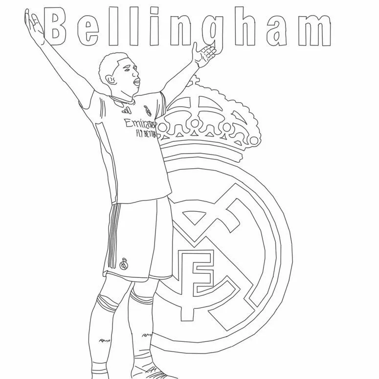 Bellingham Celebrando con Escudo Real Madrid para colorear HD fácil y bonito - Descarga e imprime gratis - Dibujo exclusivo de Futbolistas
