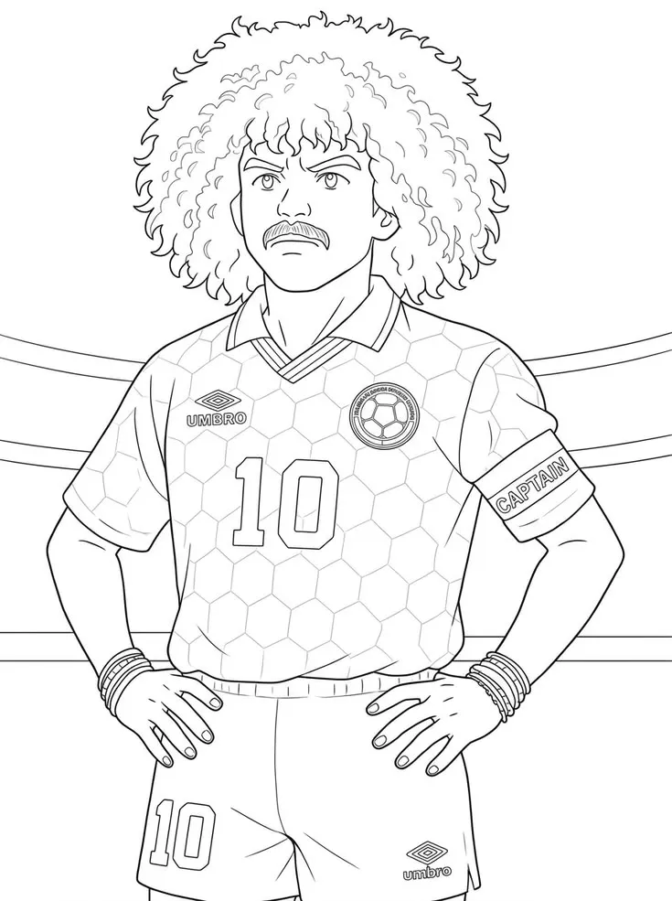 Carlos Valderrama Colombia Capitán #10 para colorear HD fácil y bonito - Descarga e imprime gratis - Dibujo exclusivo de Futbolistas