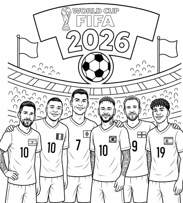 Estrellas del Mundial FIFA 2026 en Estadio para colorear HD fácil y bonito - Descarga e imprime gratis - Dibujo exclusivo de Futbolistas