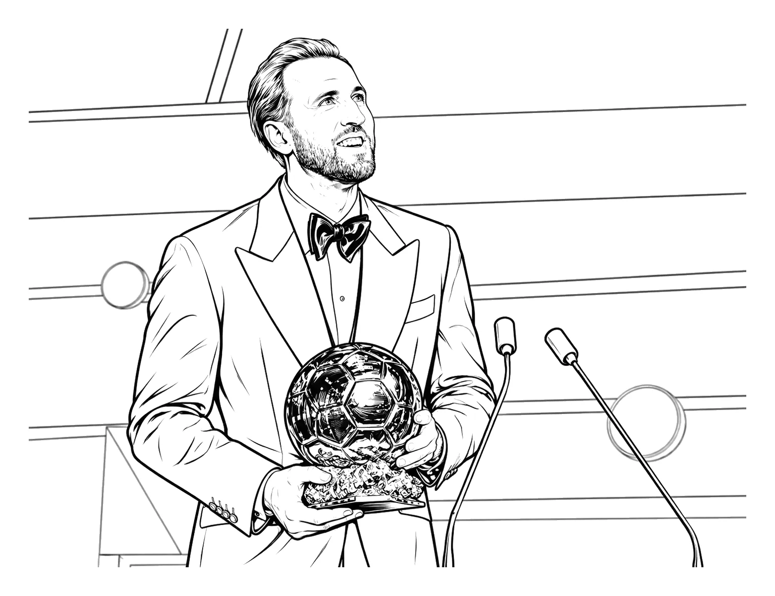 Harry Kane con el Balón de Oro 2026 para colorear e imprimir Harry Kane con el Balón de Oro 2026 para colorear - Futbolistas: Kane, con esmoquin y pajarita, sonríe en el escenario de la gala mientras sostiene con las dos manos el Balón de Oro