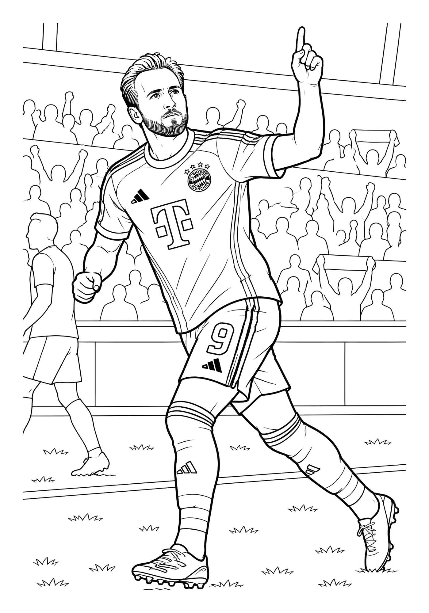 Harry Kane Celebrando un Gol con el Bayern para colorear e imprimir Harry Kane Celebrando un Gol con el Bayern para colorear - Futbolistas: Kane celebra un gol con el dedo índice apuntando al cielo y el puño cerrado
