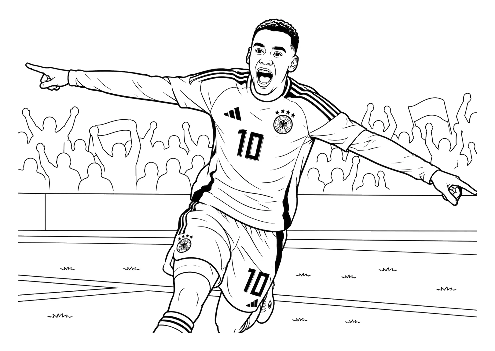 Jamal Musiala Celebrando con Alemania para colorear e imprimir Jamal Musiala Celebrando con Alemania para colorear - Futbolistas: Musiala celebra un gol corriendo con los brazos abiertos, gritando y señalando a los lados