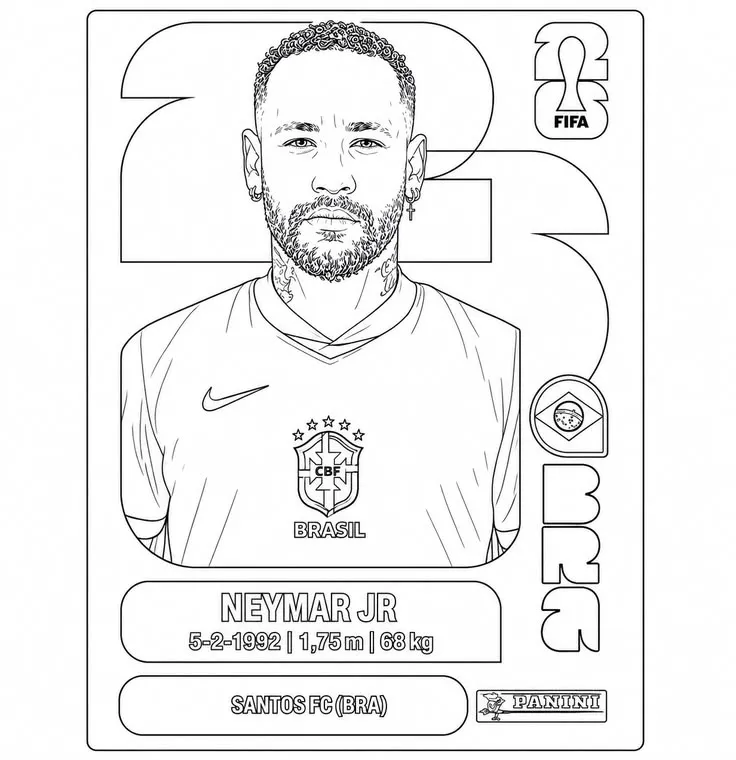 Neymar Cromo Panini Brasil para colorear HD fácil y bonito - Descarga e imprime gratis - Dibujo exclusivo de Futbolistas