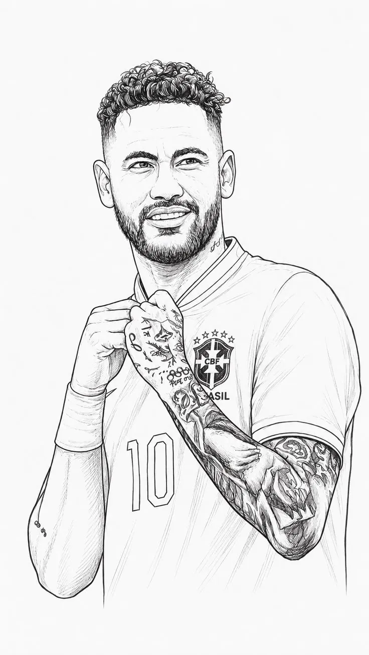 Neymar Retrato Brasil #10 con Tatuajes para colorear HD fácil y bonito - Descarga e imprime gratis - Dibujo exclusivo de Futbolistas