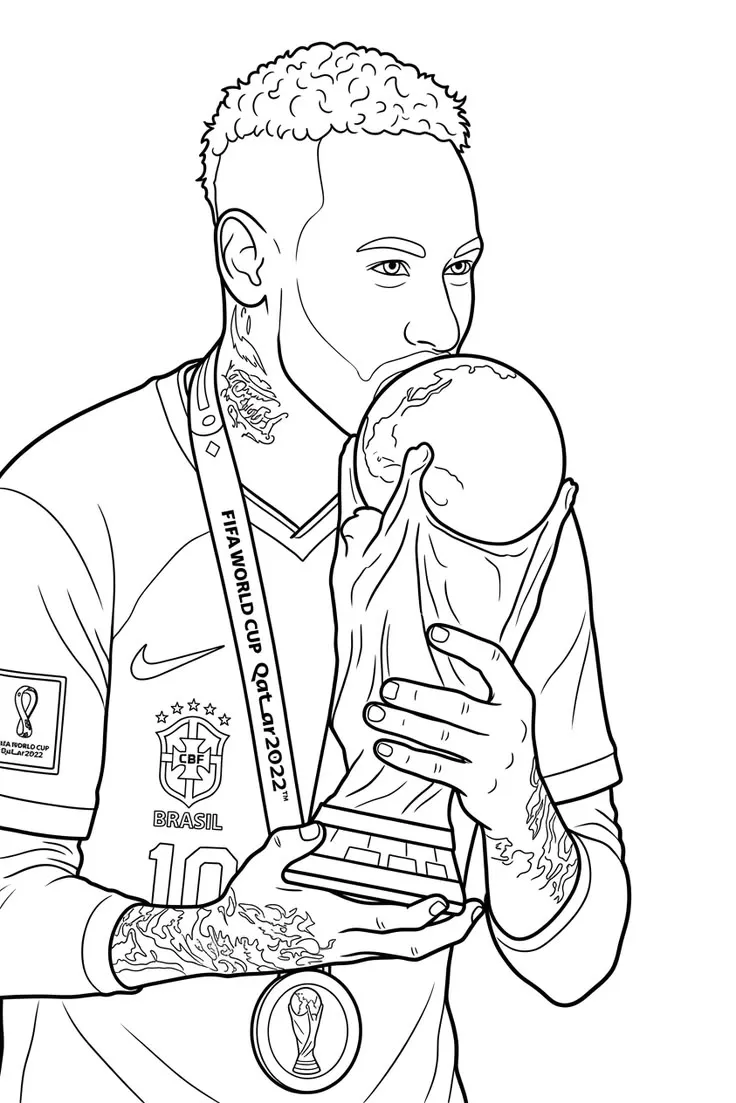 Neymar con Trofeo Mundial Qatar 2022 para colorear HD fácil y bonito - Descarga e imprime gratis - Dibujo exclusivo de Futbolistas