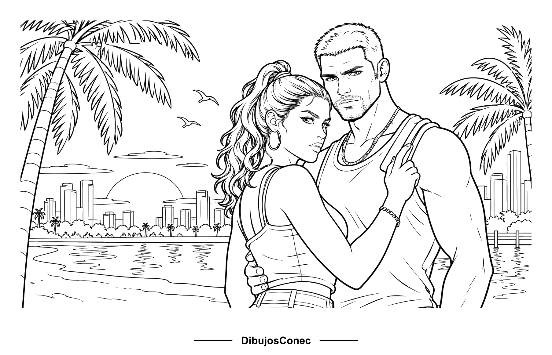 Lucía y Jason frente a Vice City para colorear - GTA 6