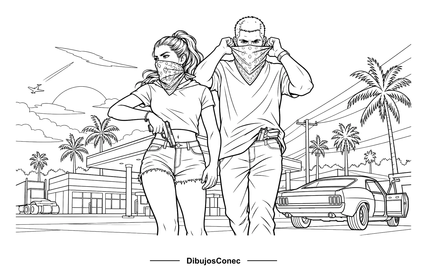 Lucía y Jason en la Gasolinera para colorear - GTA 6