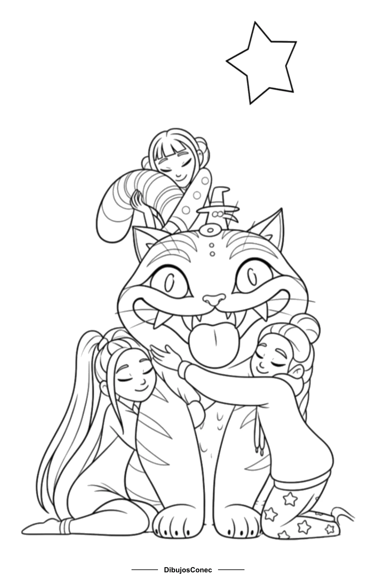 Derpy Abrazado por las Tres para colorear e imprimir Derpy Abrazado por las Tres para colorear - Guerreras K-pop: Derpy sentado, sacando la lengua y con los ojos muy abiertos, mientras las tres lo abrazan con los ojos cerrados: una a cada lado, de rodillas, y otra subida a su…
