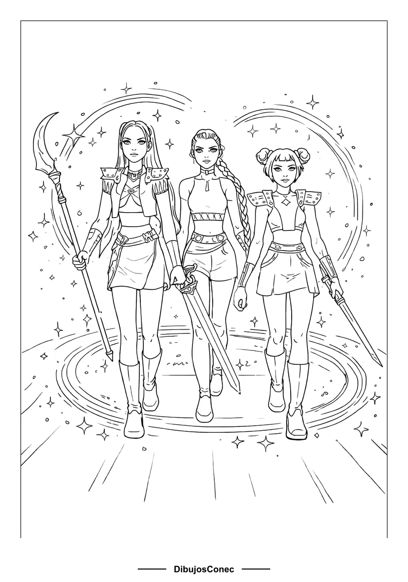 Las Guerreras en el Círculo Mágico para colorear e imprimir Las Guerreras en el Círculo Mágico para colorear - Guerreras K-pop: las tres caminan de frente sobre unos anillos de energía en el suelo, rodeadas de destellos y estelas en espiral