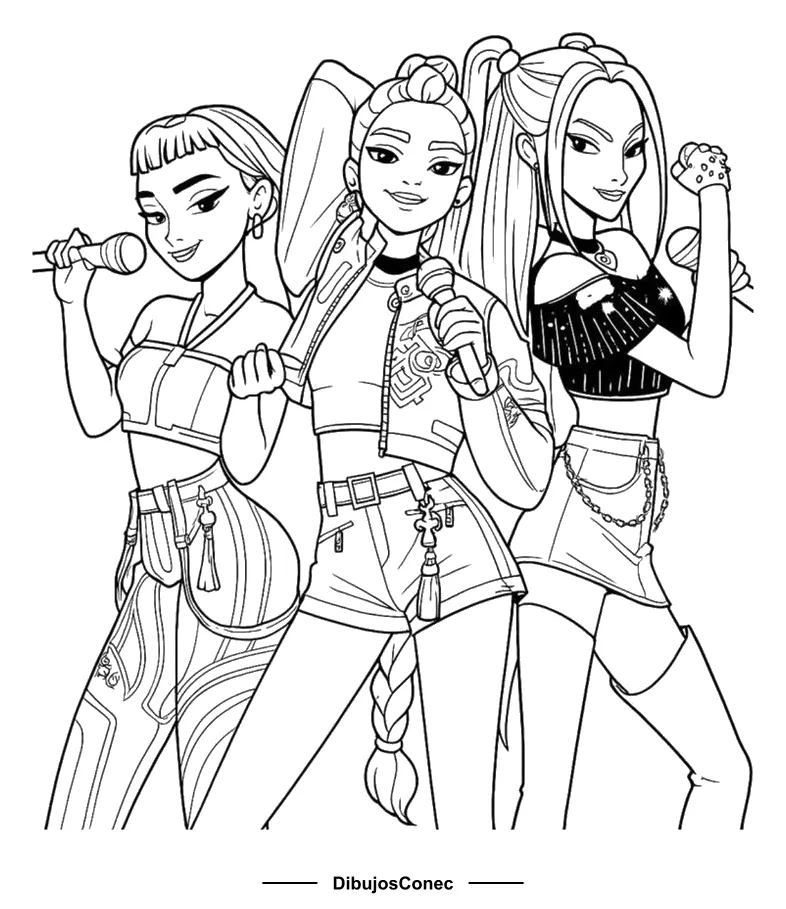 HUNTR/X Cantando con Micrófonos para colorear - Guerreras K-pop