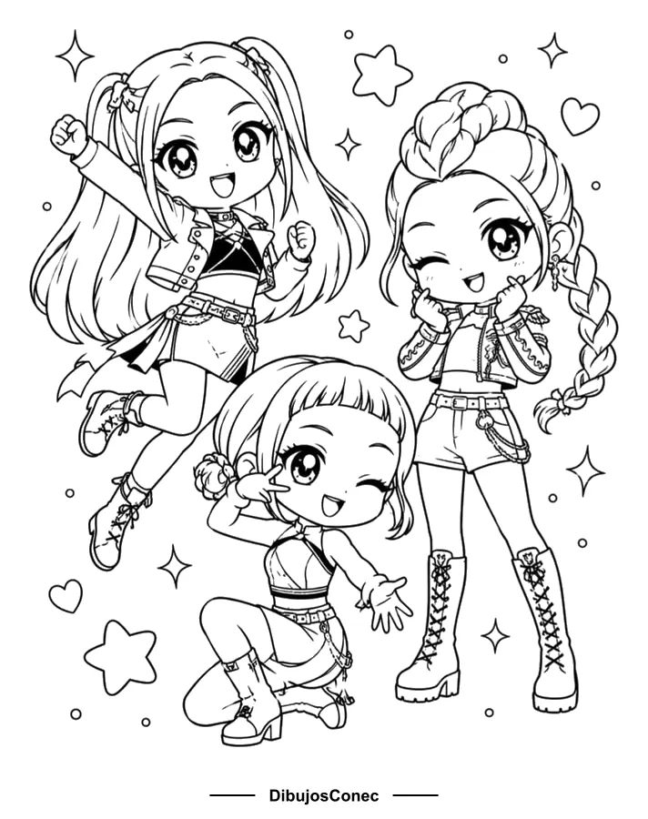 Las Tres en Chibi entre Estrellas y Corazones para colorear - Guerreras K-pop