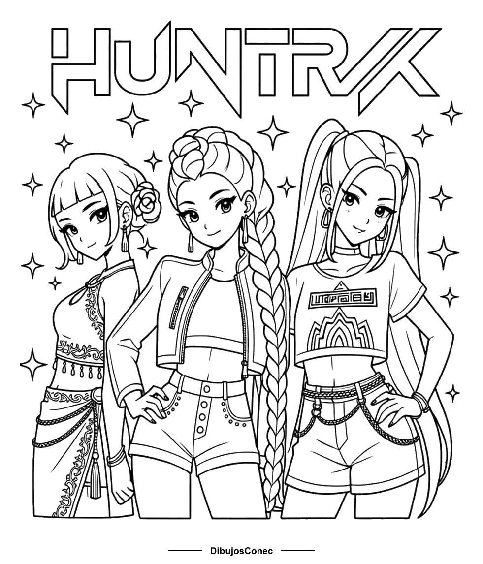 Logo de HUNTR/X con Rumi, Mira y Zoey para colorear - Guerreras K-pop