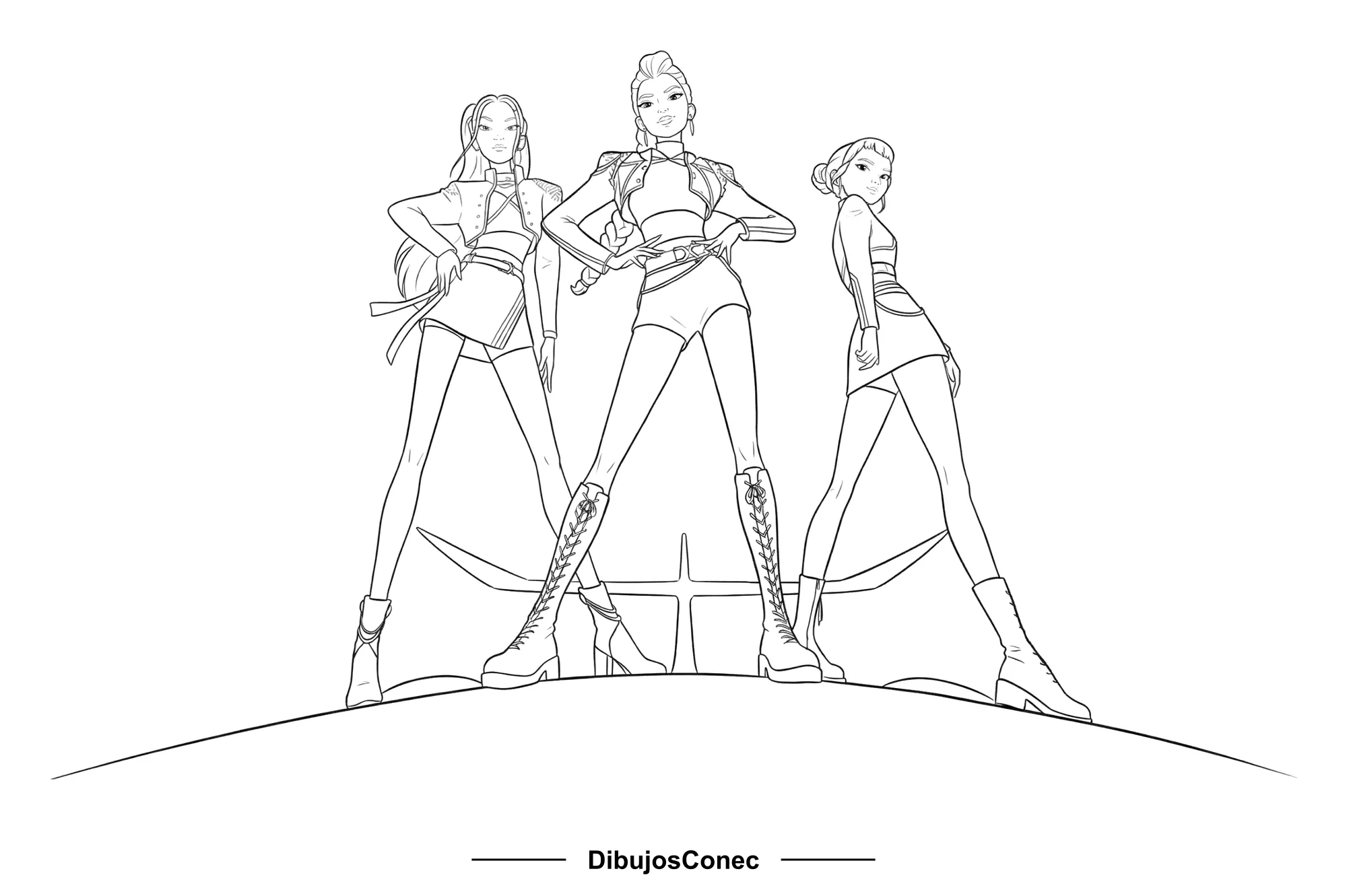 HUNTR/X sobre una Colina para colorear e imprimir HUNTR/X sobre una Colina para colorear - Guerreras K-pop: Rumi en el centro, con las piernas abiertas y las manos en la cintura, y a sus lados Mira y Zoey de pie, todas sobre lo alto de una colina vista desde abajo