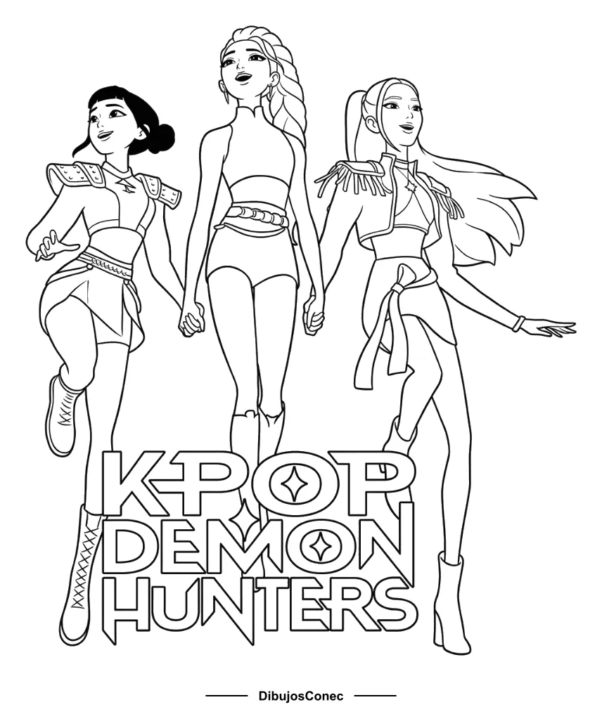 Logo de KPop Demon Hunters con el Trío de la Mano para colorear e imprimir Logo de KPop Demon Hunters con el Trío de la Mano para colorear - Guerreras K-pop: las tres caminan dando saltitos y cogidas de la mano: Zoey a la izquierda con moño y hombreras, Rumi en el centro mirando hacia arriba con una sonrisa, y Mira a la…