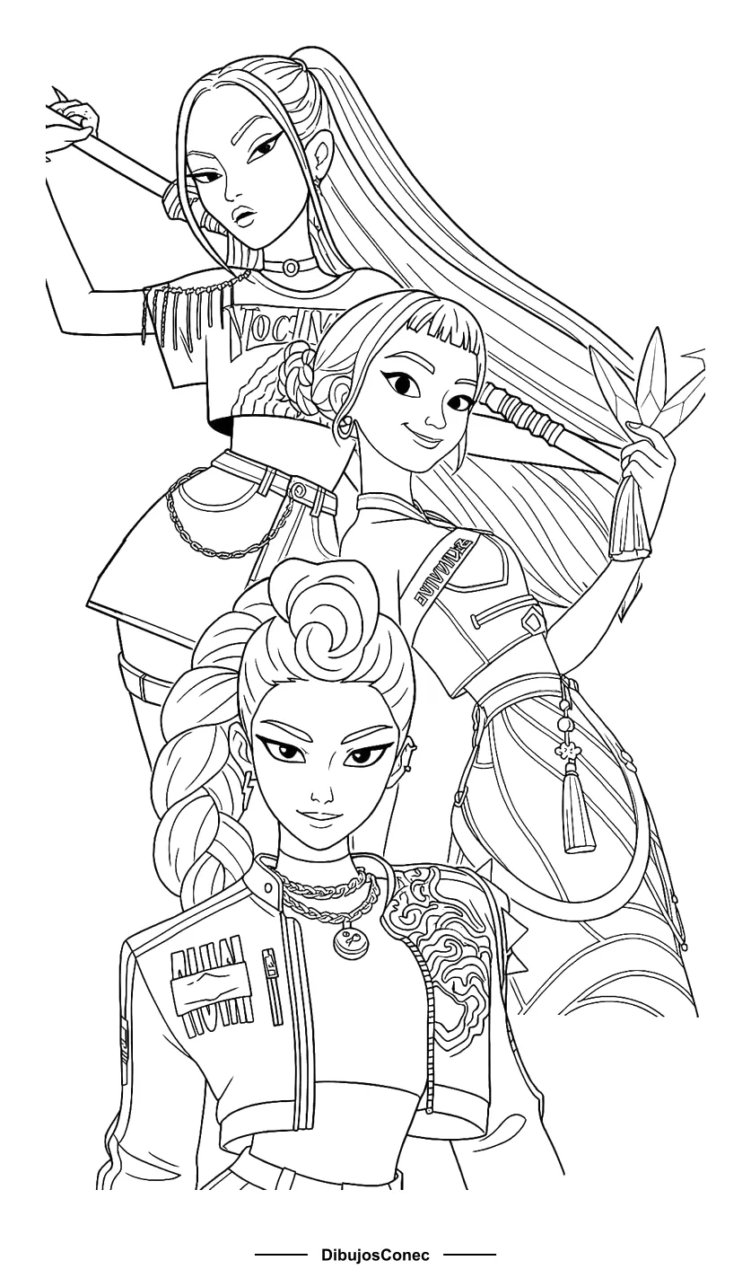Dibujo de Mira, Zoey y Rumi con sus Armas de Guerreras K-pop para colorear