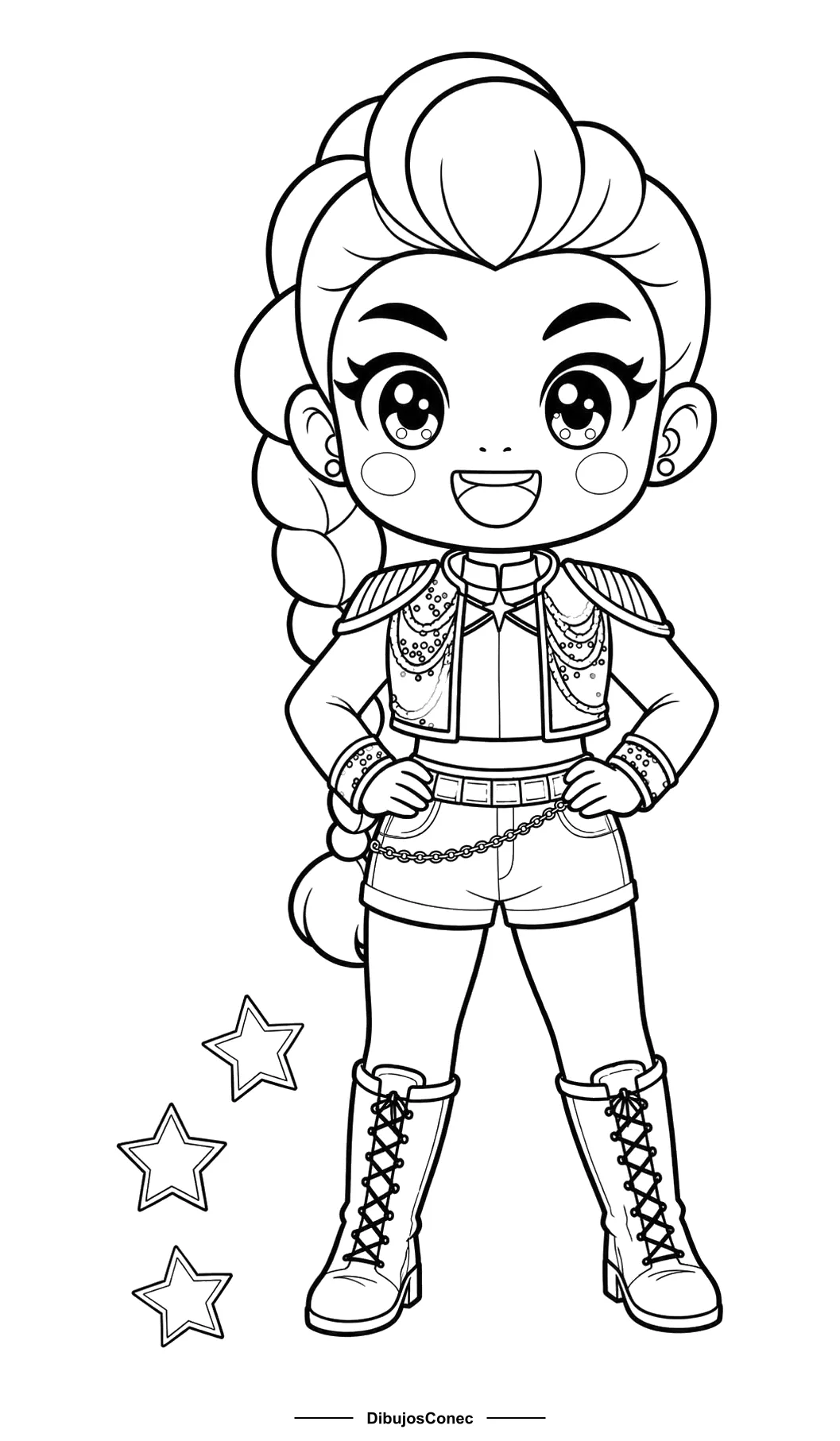Rumi Chibi con las Manos en la Cintura para colorear e imprimir Rumi Chibi con las Manos en la Cintura para colorear - Guerreras K-pop: Rumi chibi de pie con las manos en la cintura y la boca abierta de risa, mejillas redondas marcadas y la trenza enorme rodeándola por un lado