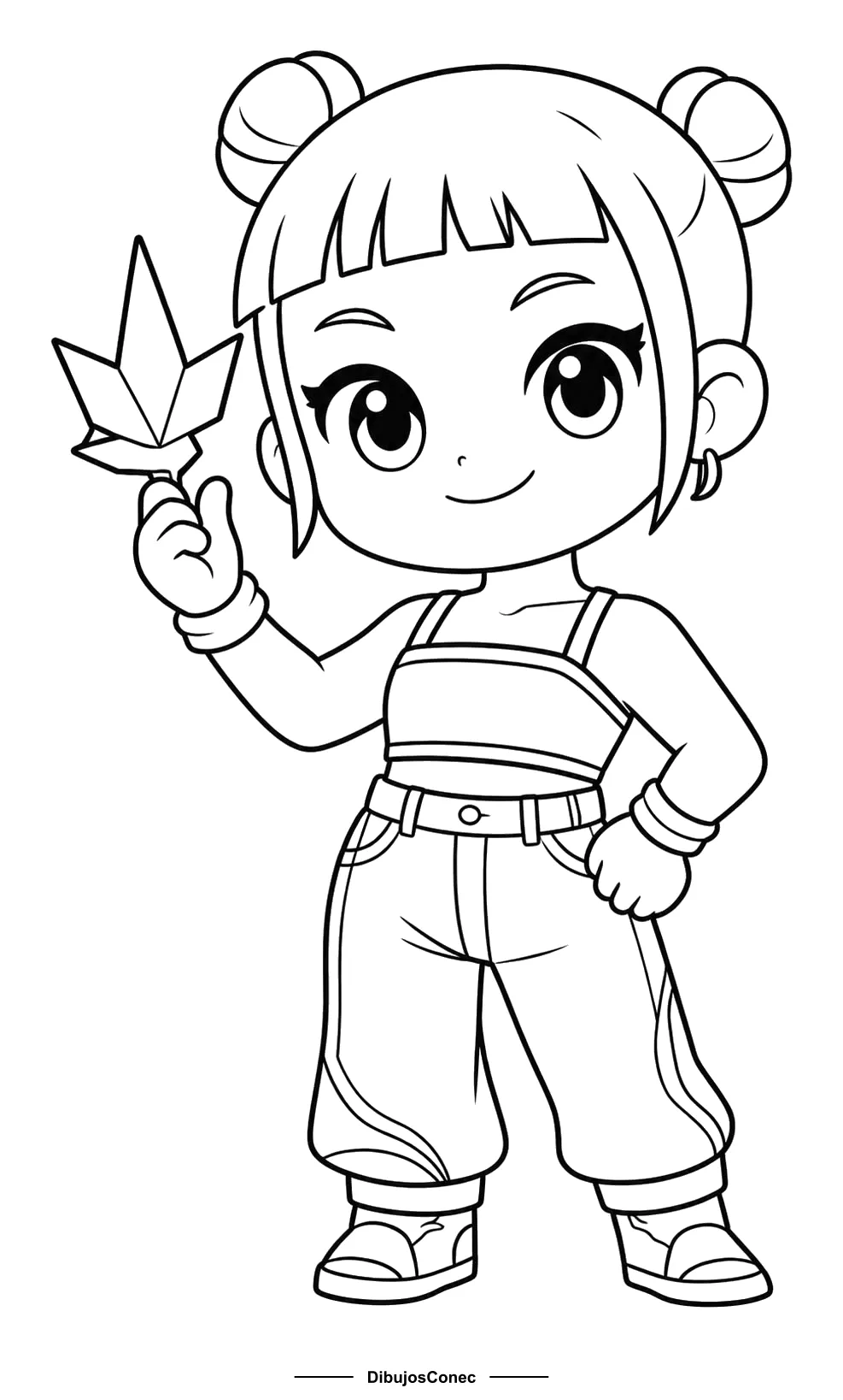 Zoey Chibi con Moños para colorear e imprimir Zoey Chibi con Moños para colorear - Guerreras K-pop: Zoey sonriente con dos moños redondos en lo alto de la cabeza y flequillo recto, una mano en la cintura y en la otra una figura de puntas que recuerda a sus cuchillos…