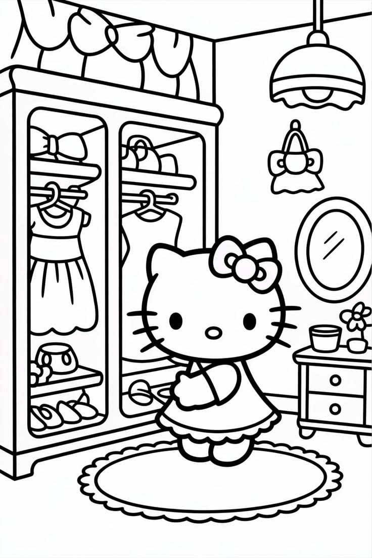 Hello Kitty con Armario de Vestidos para colorear HD fácil y bonito - Descarga e imprime gratis - Dibujo exclusivo de Hello