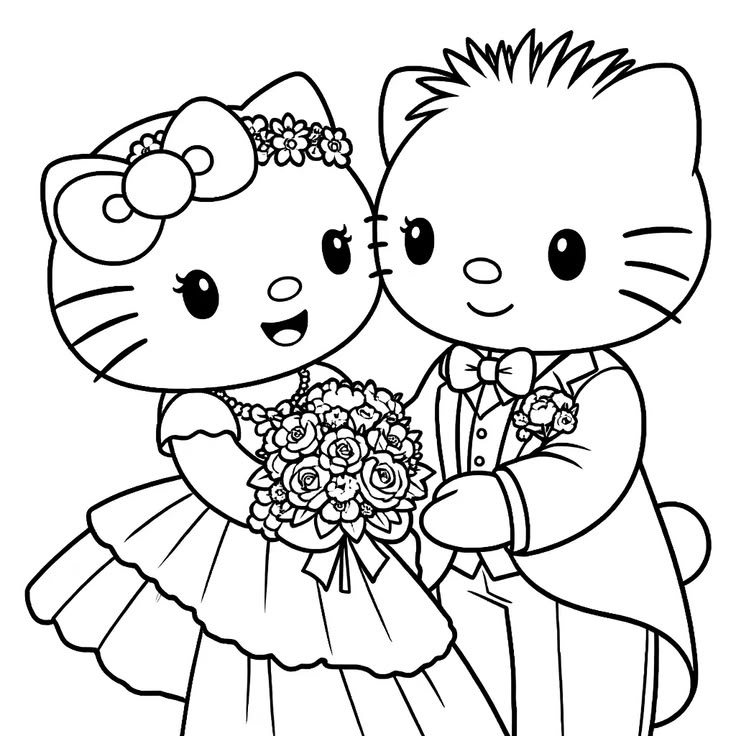 Hello Kitty Boda en Pareja para colorear HD fácil y bonito - Descarga e imprime gratis - Dibujo exclusivo de Hello