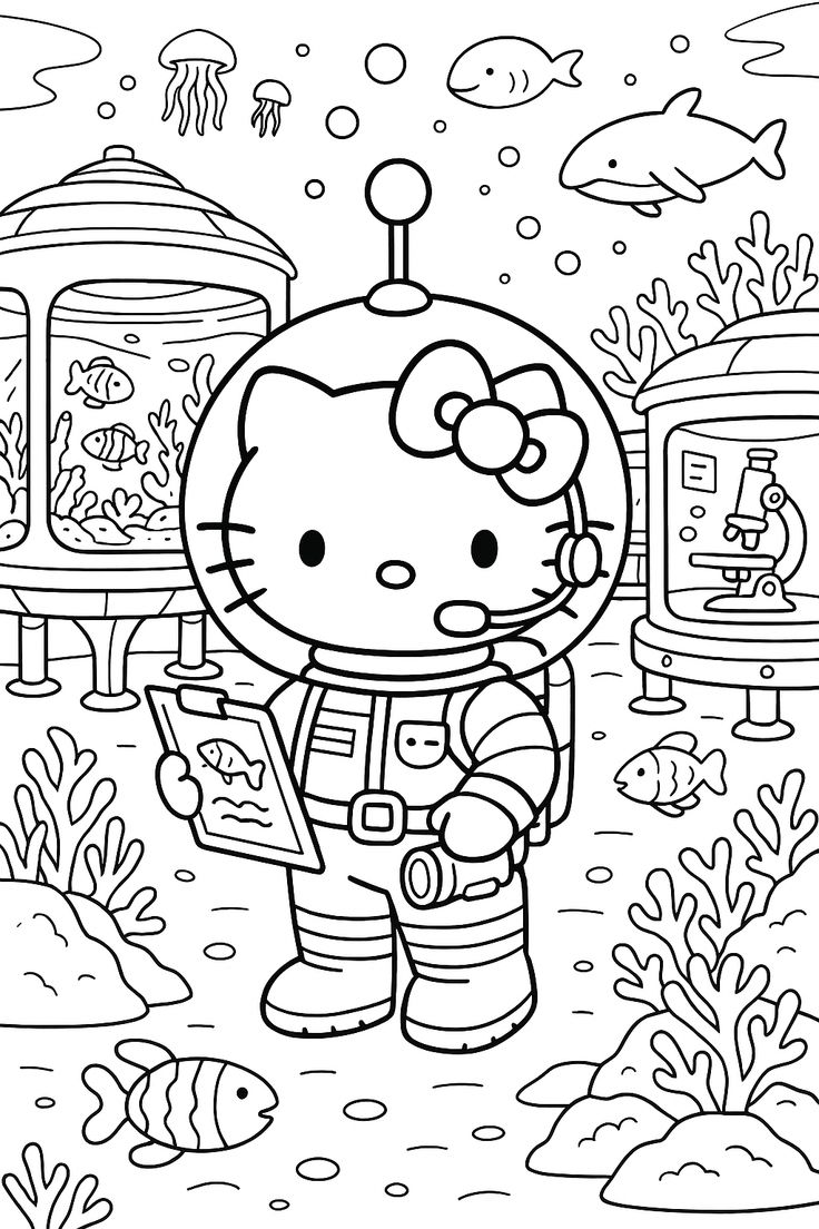 Hello Kitty Buzo en el Oceano para colorear HD fácil y bonito - Descarga e imprime gratis - Dibujo exclusivo de Hello