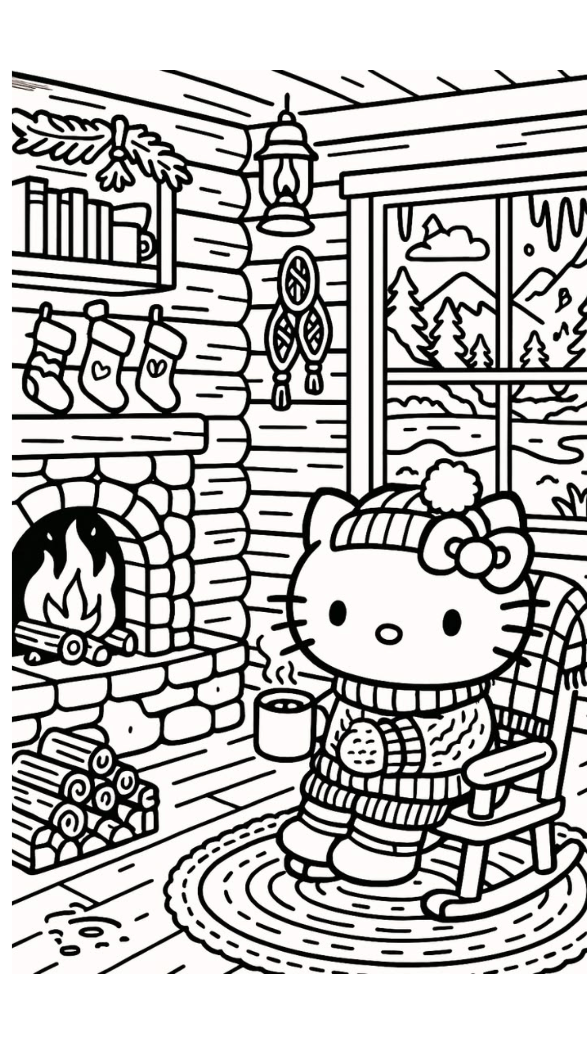 Hello Kitty en Cabana junto a la Chimenea para colorear HD fácil y bonito - Descarga e imprime gratis - Dibujo exclusivo de Hello