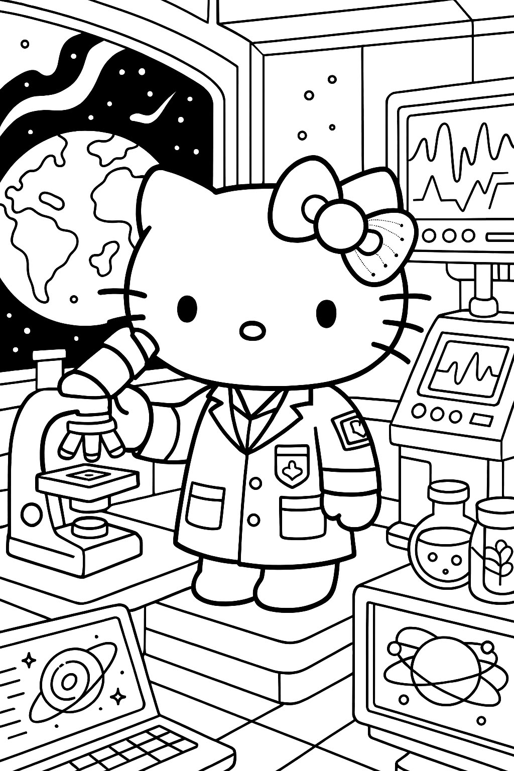 Hello Kitty Cientifica en el Laboratorio para colorear HD fácil y bonito - Descarga e imprime gratis - Dibujo exclusivo de Hello