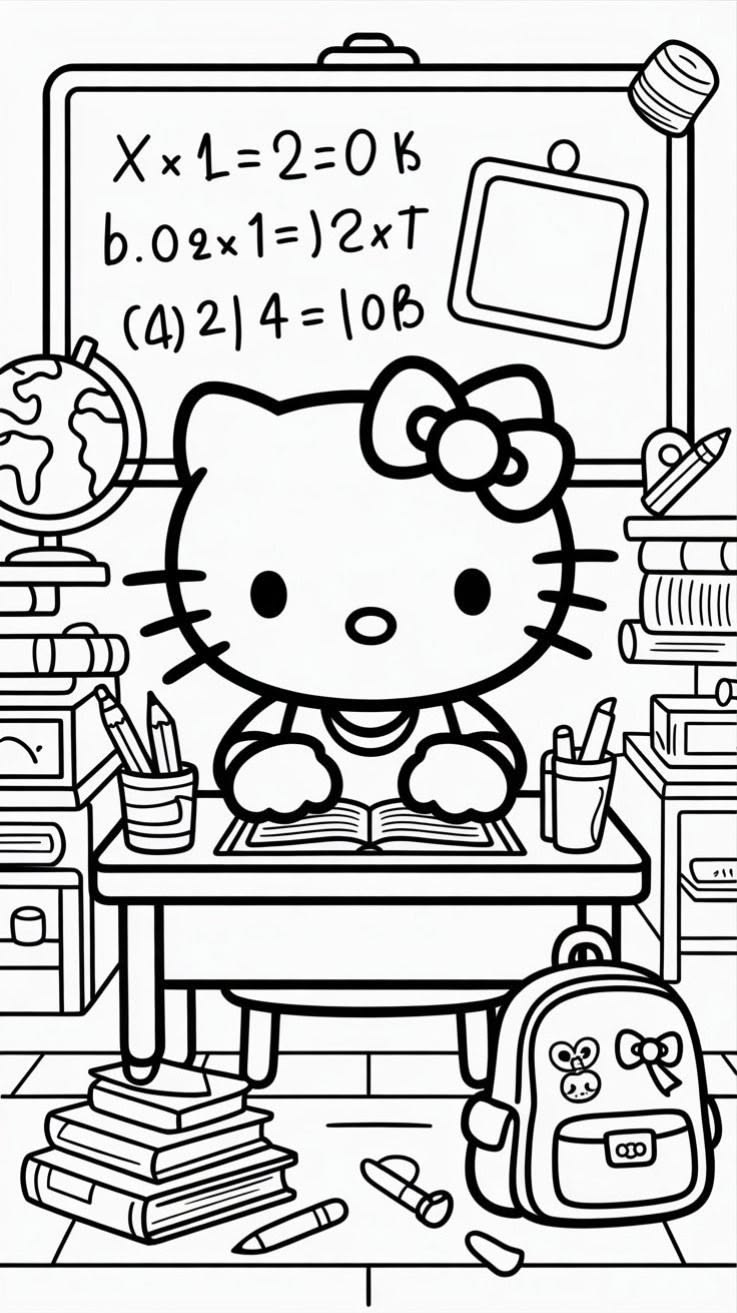 Hello Kitty en Clase con Pizarra para colorear HD fácil y bonito - Descarga e imprime gratis - Dibujo exclusivo de Hello