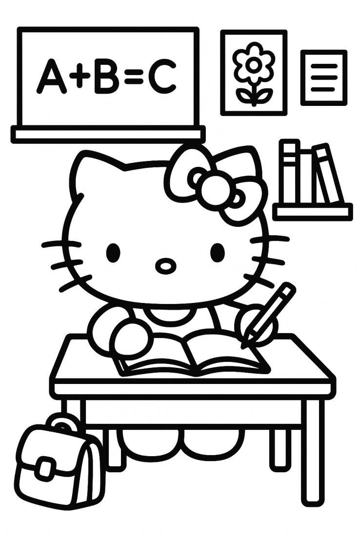Hello Kitty en el Colegio Escribiendo para colorear HD fácil y bonito - Descarga e imprime gratis - Dibujo exclusivo de Hello