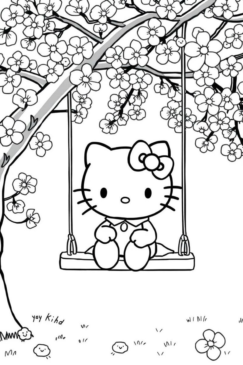 Hello Kitty en Columpio bajo el Cerezo para colorear HD fácil y bonito - Descarga e imprime gratis - Dibujo exclusivo de Hello