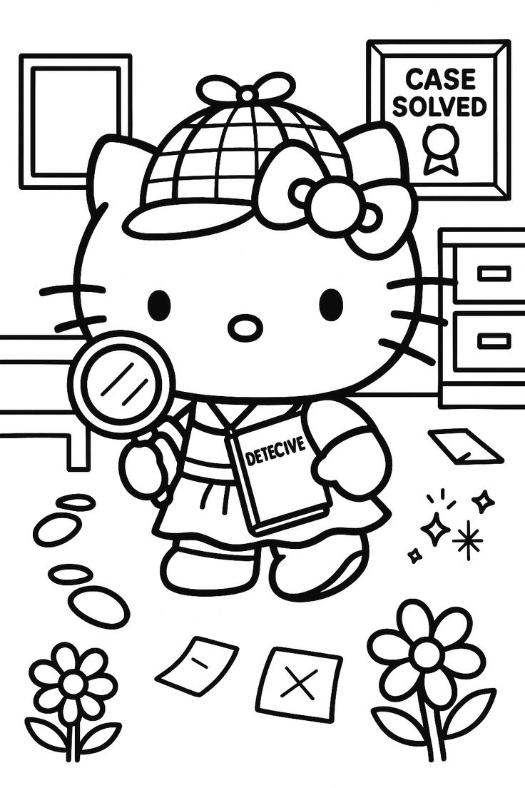 Hello Kitty Detective con Lupa para colorear HD fácil y bonito - Descarga e imprime gratis - Dibujo exclusivo de Hello